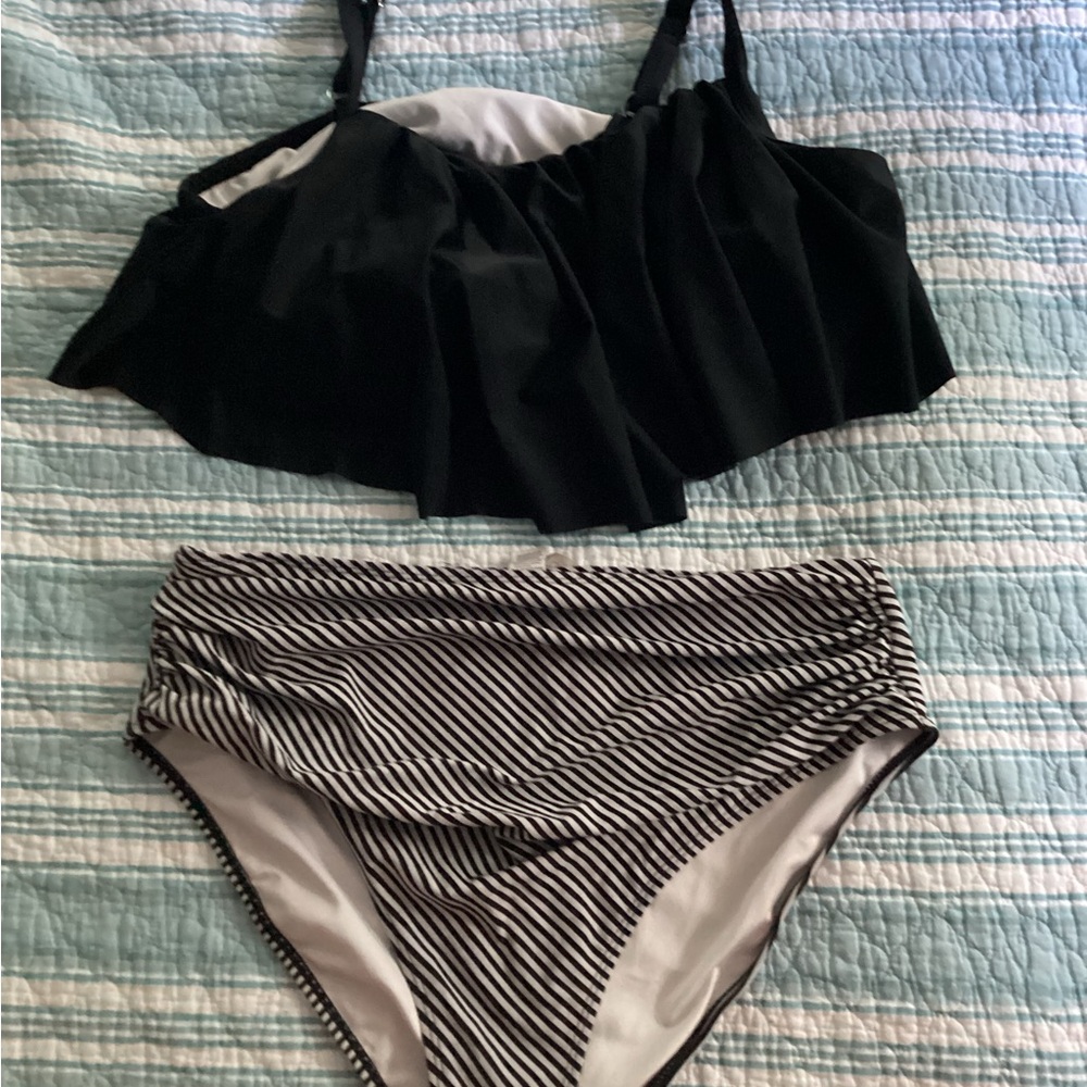 Black and White Striped Bikini Set